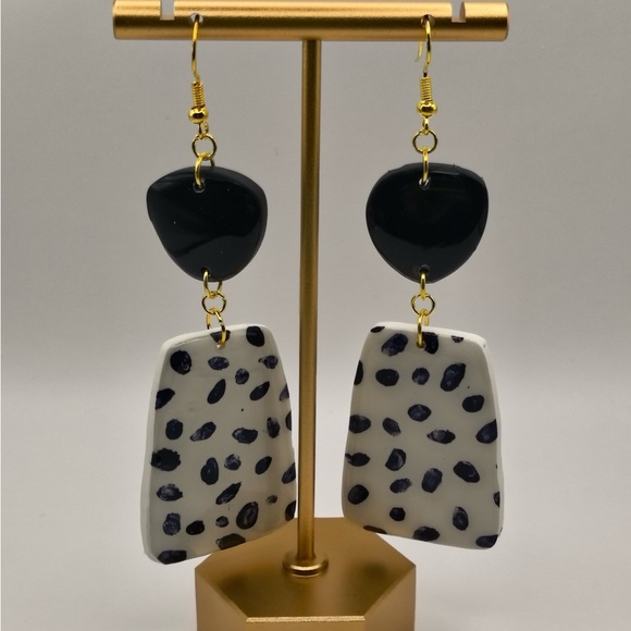 Polka Dot Black and White Dangle Earrings - Picture 1 of 1